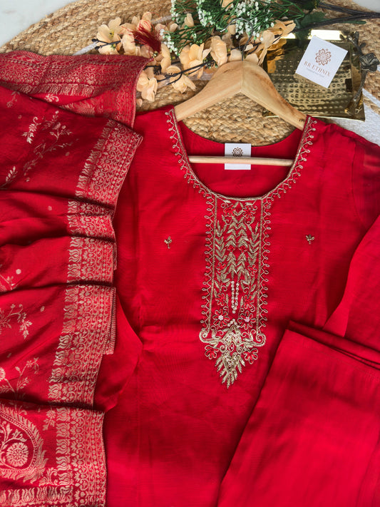 Mul Chanderi Bright Red suit with Gold Zardosi Work and banarasi Dupatta