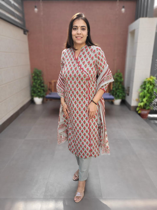 Heritage Hand Block Print Cotton Angrakha Kurta Set with Dupatta