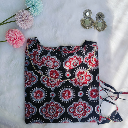 Premium Quality Pure Cotton Black Ajrakh Print Straight Kurti.