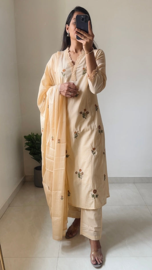 Mul Cotton Cream Straight Kurta Set with Lining and Floral Thread Embroidery & Lace Detail | 3-Piece Suit Set with Dupatta