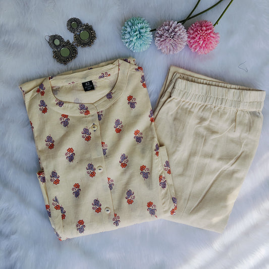 Premium quality Ivory and Lavender Floral Printed Kurti Pant Set