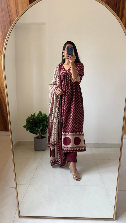 Maroon A-Line Cotton Suit Set with Real Mirror Work Neck & Printed Cotton Dupatta | 3 Piece Ethnic Set