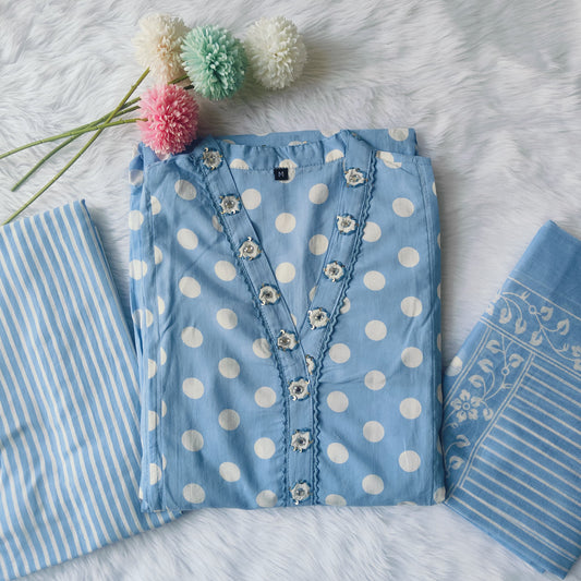 Premium quality Pure Mul Cotton Polka Print  A-Line V Neck Kurti Pant Dupatta set.