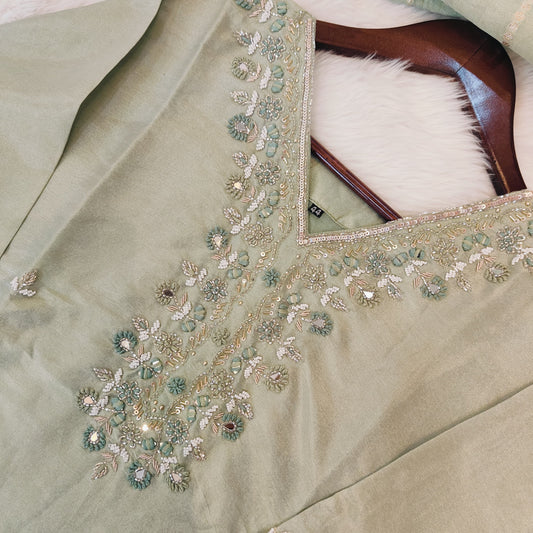 Premium Quality Pure Tissue Shimmer Hand Embroidered Kurti with Mul with Cotton lining Inside with Tissue Shimmer Dupatta and Pure fabric Pant.