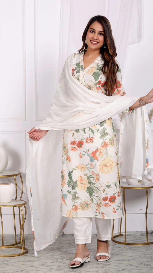 Premium Quality Pure Cotton Princess Cut Suit Paired With Pant And Mul-Cotton Dupatta With Embroidery and Laces Detailing On Neck