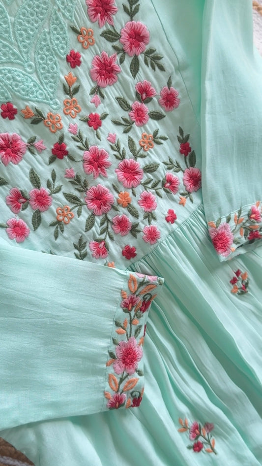 Premium Mul Chanderi Floral Embroidered Kurta Pant Dupatta Set with Lining | Peach Blush & Mint Green | Sizes M-3XL