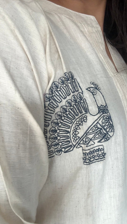 Sustainable Khadi Cotton Kurta Set | A-Line Kurti with Dark blue Peacock Embroidery & Palazzo 2pc suit