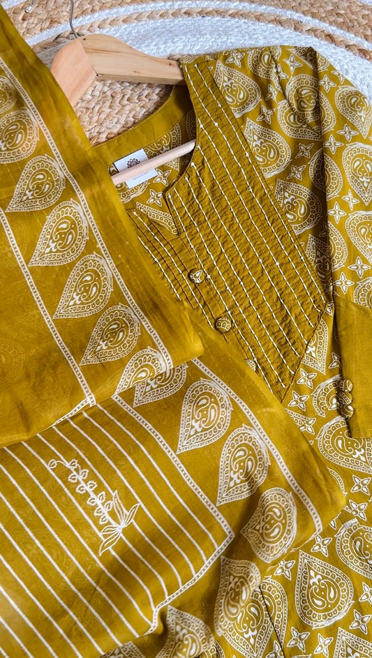 Mustard Yellow Printed Anarkali Kurta Set with Dupatta Pant – Cotton Ethnic Wear for Women