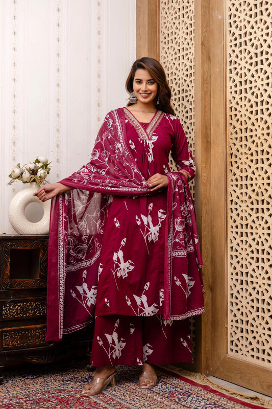 Pure Cotton Embroidered A-line Kurti Pant Dupatta Set.