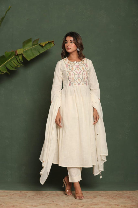 Luxe Pure Cotton Slub  A-Line Embroidered  Kurti Pant With Mul-Cotton Dupatta.