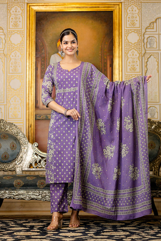Premium Quality Cotton Block Printed Kurti Pant Dupatta Set.