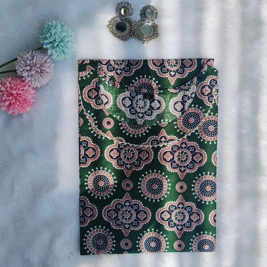 Premium Quality Pure Cotton Dark Green Ajrakh Print Straight Kurti.