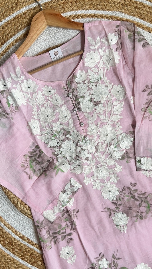 Light Pink Lined Mul Mul Cotton Chikankari Suit Set with Cotton Pant & Dupatta