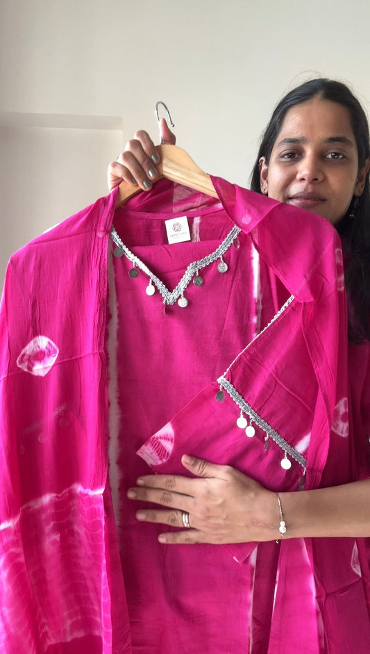 Magenta Rani Pink Shibori Dye Cotton Suit Set with Silver Lace Trim
