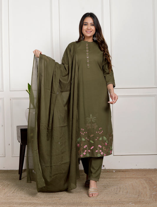 Premium Quality Pure Cotton Embroidered Ben Neck Kurti Pant Dupatta Set