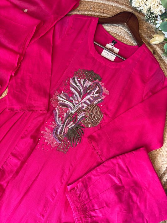 Premium Quality Pure Mul Cotton  Embroidered Anarkali Kurti Pant Dupatta Set With Mul Cotton Lining Inside.