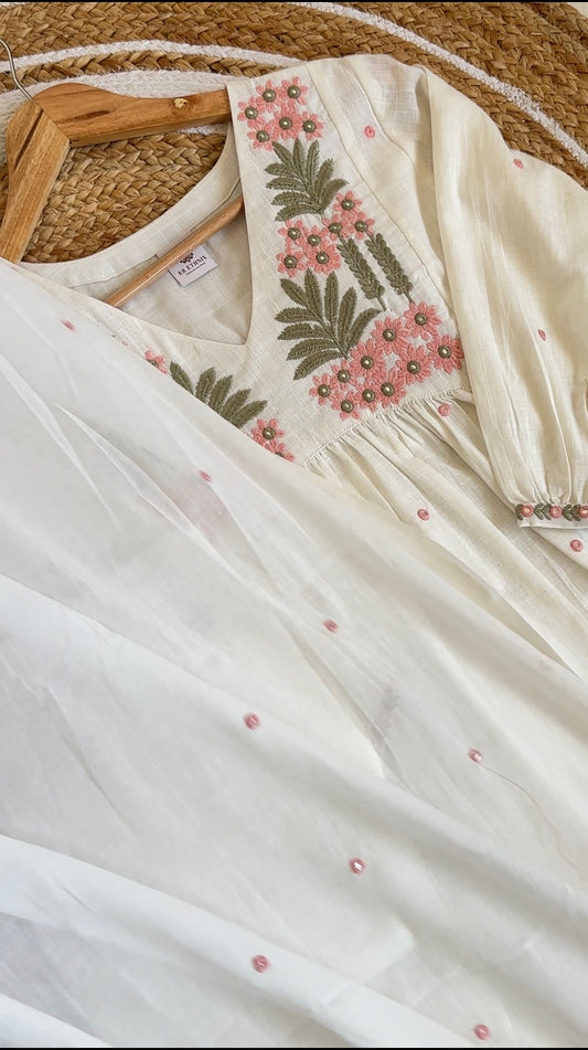 Premium Cotton Slub A-Line Embroidered Kurta Palazzo Dupatta Set With Lining Inside