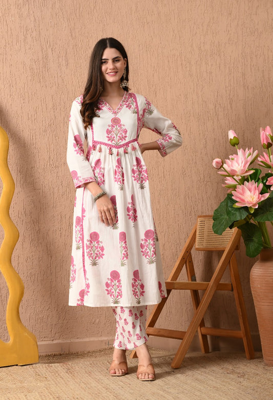 Premium Pure Cotton Block Printed Anarkali With Handwork With Printed Pants And Kota Doriya Dupatta