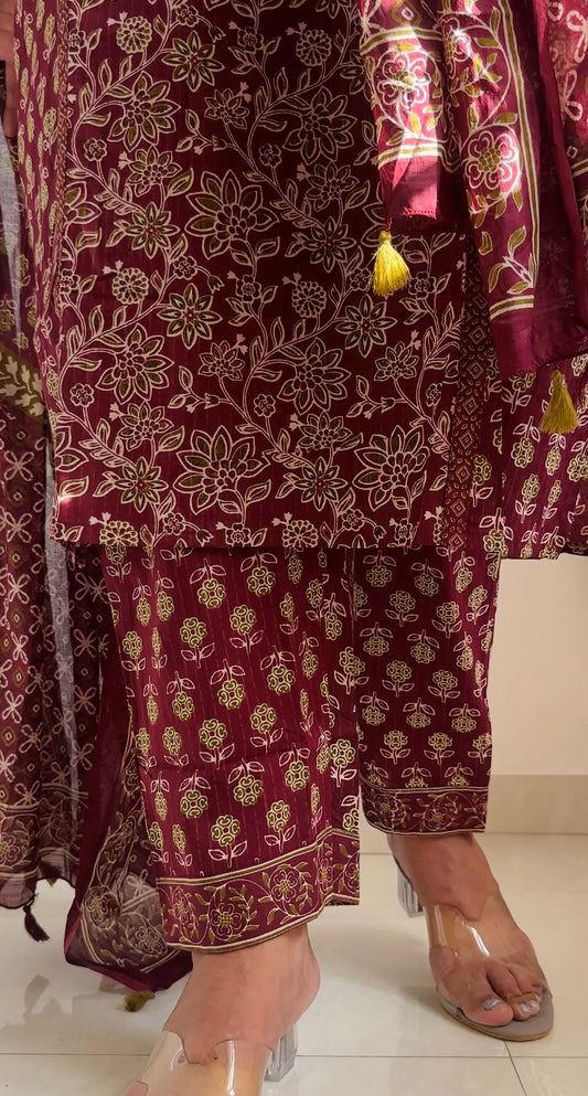 Maroon Hand Block Print Cotton Suit Set with Dupatta & Pant– Comfortable Daily and Office Wear