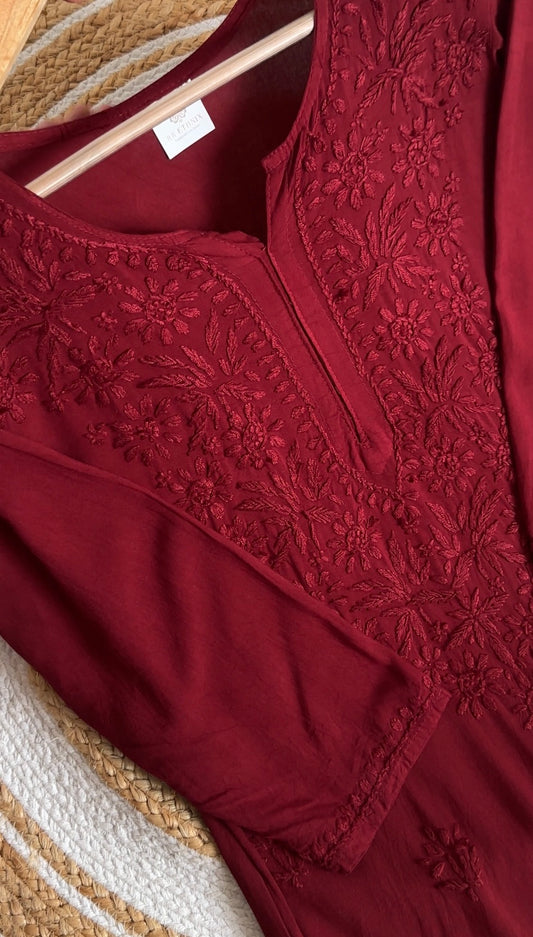 Premium Hand Embroidered Chikankari Kurta Pant Set | Naturally Dyed Wine Brown | Artisan Handmade