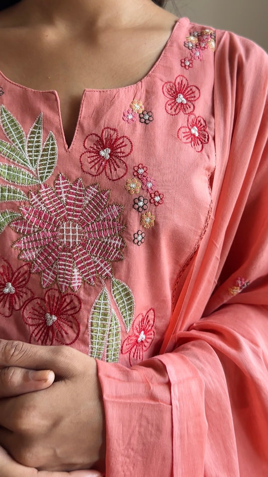 Mul-Cotton Peach Floral Embroidered Anarkali Kurta Suit with Lining | Straight Pant with Mul Cotton Dupatta | 3-Piece Ethnic Suit | Festive Wear for Women