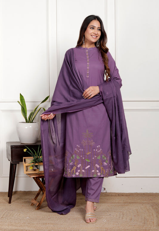 Premium Quality Pure Cotton Embroidered Ben Neck Kurti Pant Dupatta Set