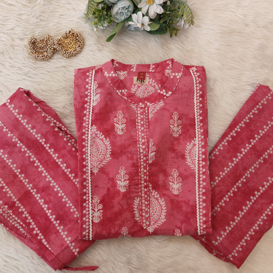 Premium quality Pure Cotton Block Printed Kurti Pant Dupatta Set with Edge Work