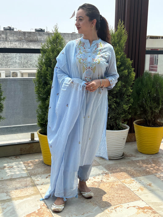 Premium Quality Pure Dobby Cotton Embroidered Straight Kurti Pant with Embroidered Mul-Cotton Dupatta.