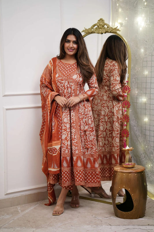 Beautiful Cotton Angarakha Anarkali Kurti Pant Dupatta Set