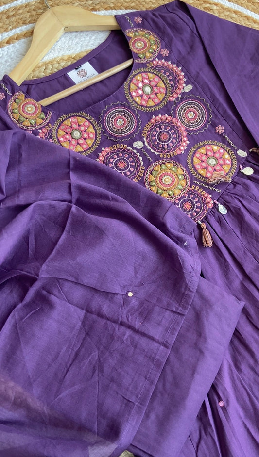 Deep Purple Embroidered and Mirror Work Cotton Salwar suit 3pc set