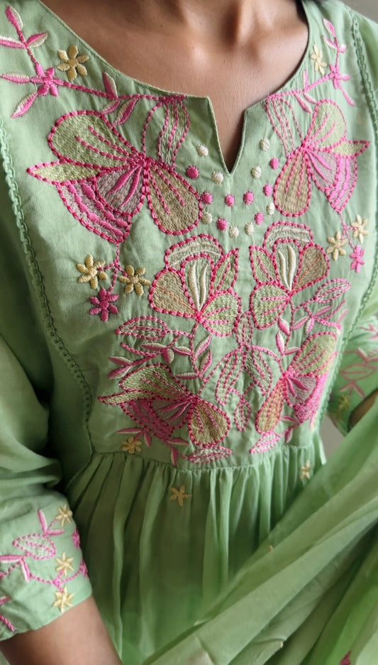 Pastel Green Mul Cotton Embroidered Suit Set with Mul Mul Dupatta | Summer Ethnic Wear for Women