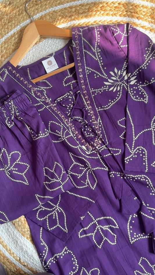 Purple Floral Print Cotton Kurti Set | Festive Tassel Detail Tunic with Pants | Summer Ethnic Wear