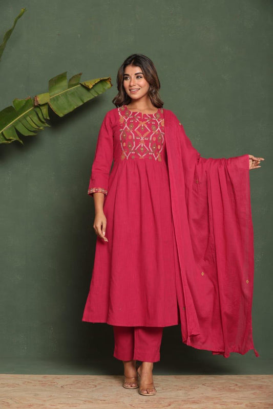 Luxe Pure Cotton Slub A-Line Embroidered Kurti Pant With Mul-Cotton Dupatta.
