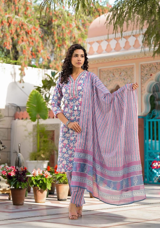 Pure Cotton Embroided V Neck Floral Print Kurti Pant Dupatta Set.