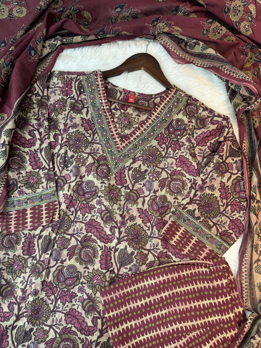 Premium Quality Pure Cotton Hand Block Printed Straight Kurti Pant Dupatta set.