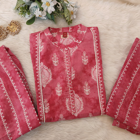 Premium quality Pure Cotton Block Printed Kurti Pant Dupatta Set with Edge Work