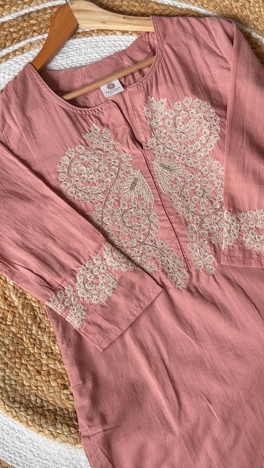 Premium Dusty Rose Mul Cotton Embroidered Suit Set with Attached Cotton Lining