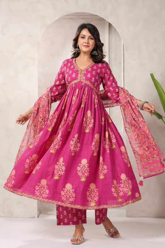 Premium Quality Pure Dobby Cotton Alia Cut Embroided Anarkali With Pant And Kota Doria Dupatta.