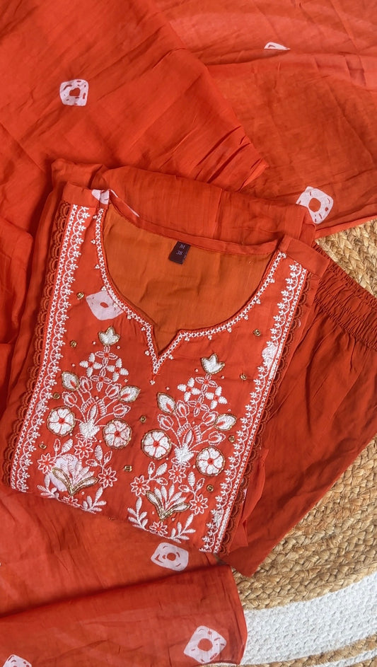 Rust Orange Mul Cotton Embroidered Anarkali Set with lining| Cotton pant & Mulmul Dupatta Suit
