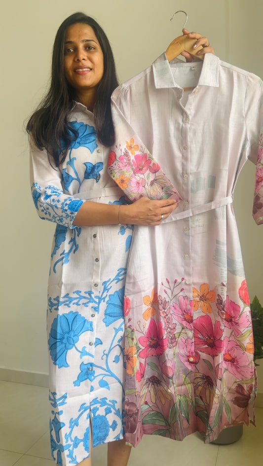 Premium Linen Floral Shirt Dress for Women | Button-Down Belted Midi Dress | 2 Elegant Floral Designs
