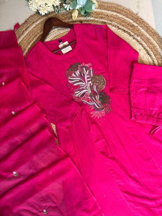 Premium Quality Pure Mul Cotton  Embroidered Anarkali Kurti Pant Dupatta Set With Mul Cotton Lining Inside.