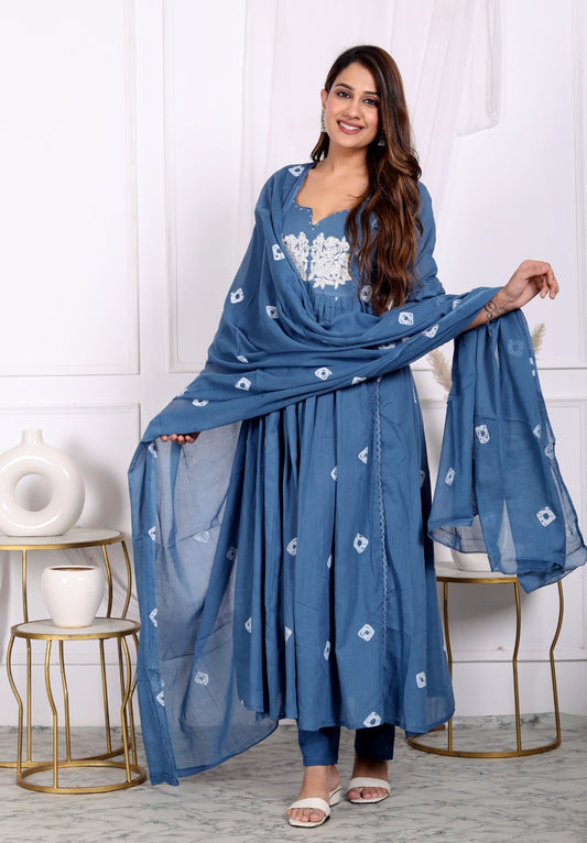 Premium Quality Pure Mul Cotton Bandhani Print Anarkali Kurti Pant Dupatta Set With Mul Cotton Lining Inside