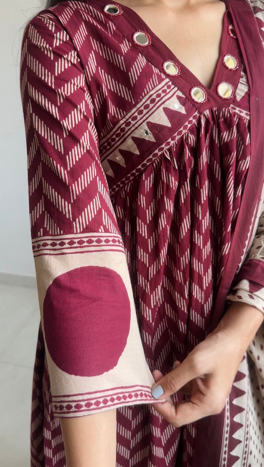 Maroon A-Line Cotton Suit Set with Real Mirror Work Neck & Printed Cotton Dupatta | 3 Piece Ethnic Set