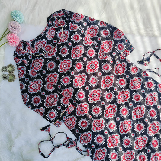 Premium Quality Pure Cotton Black Ajrakh Print Straight Kurti.