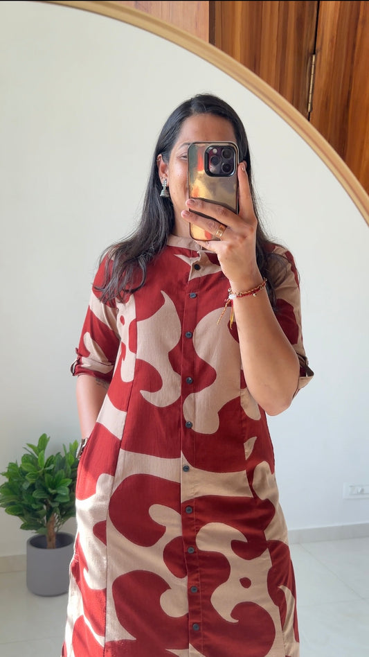 Premium Cotton Slub Abstract Printed Co-Ord Set with Palazzo pant for Women |Coffee Brown & Wine Red