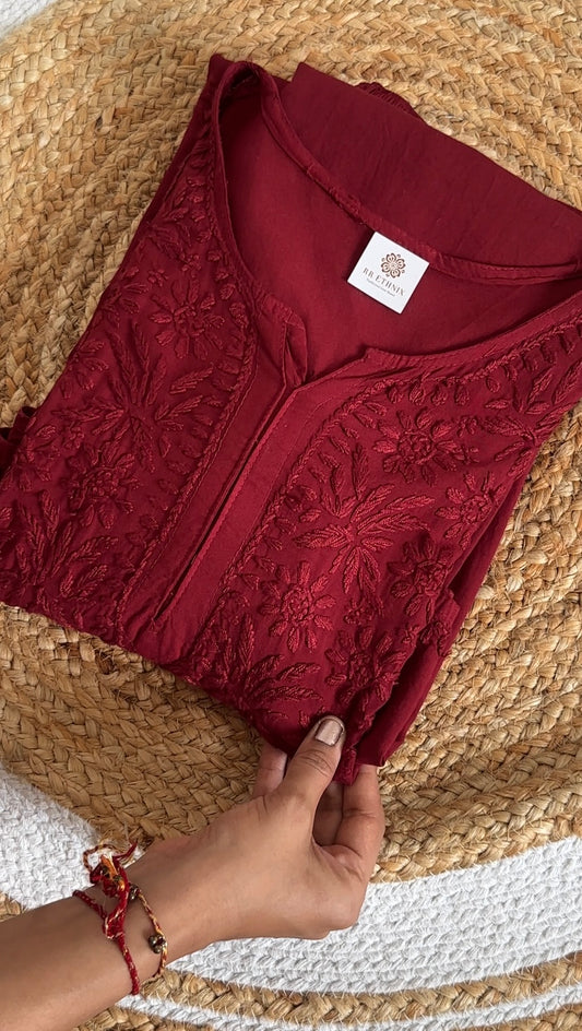Premium Hand Embroidered Chikankari Kurta Pant Set | Naturally Dyed Wine Brown | Artisan Handmade