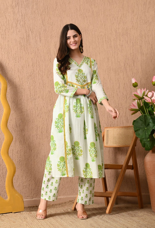 Premium Pure Cotton Block Printed Anarkali With Handwork With Printed Pants And Kota Doriya Dupatta