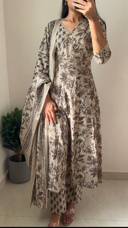 Beige Floral Printed Cotton Angrakha Kurta Set with Dupatta & Pant