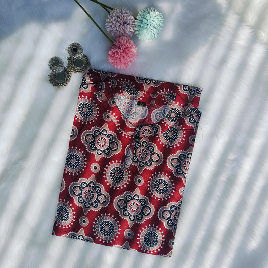 Premium Quality Pure Cotton Red Ajrakh Print Straight Kurti.