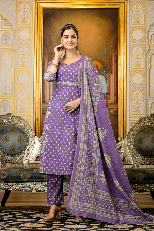 Premium Quality Cotton Block Printed Kurti Pant Dupatta Set.